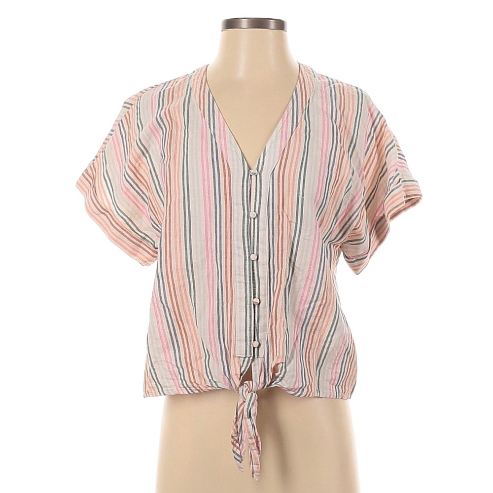 GAP Rainbow Striped Button Up Tie Front Short Sleeve Tee Shirt Blouse